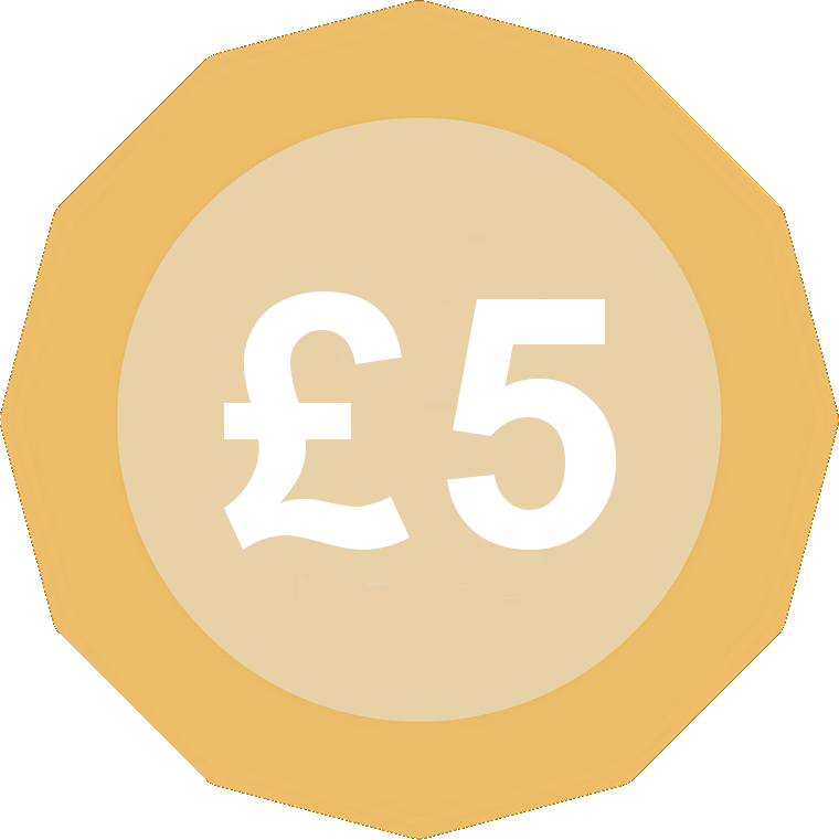 A coin graphic indicating £5.
