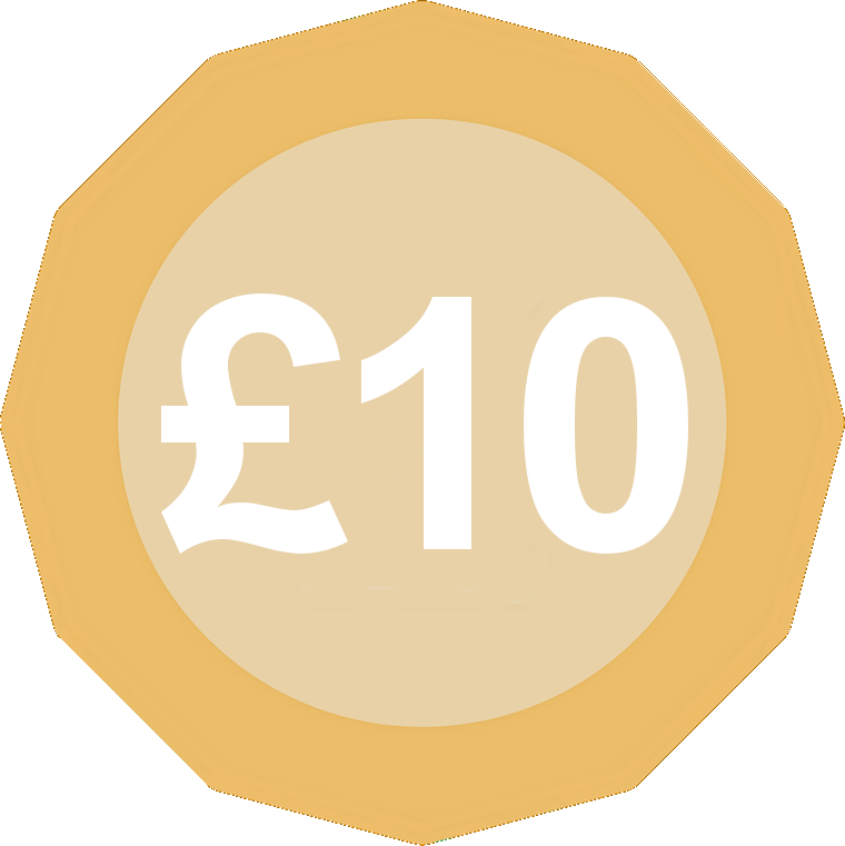 A coin graphic indicating £10.