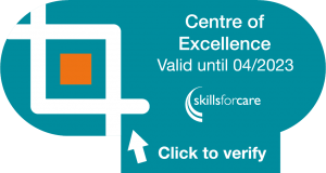Skills for Care 'Centre of Excellence' logo, valid until 04/2023