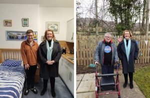 Two images of Sarah Dines MP with two residents.