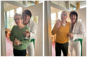 Two images - Elvis with a woman in a green jumper and Elvis with a man in a yellow jumper