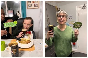 Two images - A man with a pint of Guiness and a sign reading 'Happy St Patick's Day' and a woman holding a pint of Guiness