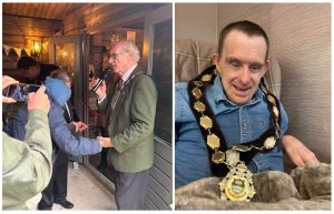 Two photos - on the left, the mayor is shaking a man's hand and on the right, a man in a blue shirt wears the mayor's civic chain.