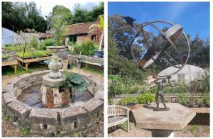On the left - the new pond surrounded by large stones. On the right - the sun dial on top of the pond.