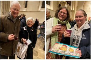 On the left: a man and a woman smiling with a glass of mulled wine. On the right: two women smiling with a glass of mulled wine and mince pies.