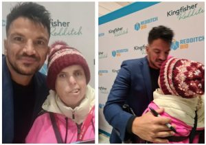 Two photos of Michelle with Peter Andre - on the left: a selfie, and on the right: a photo of the pair hugging