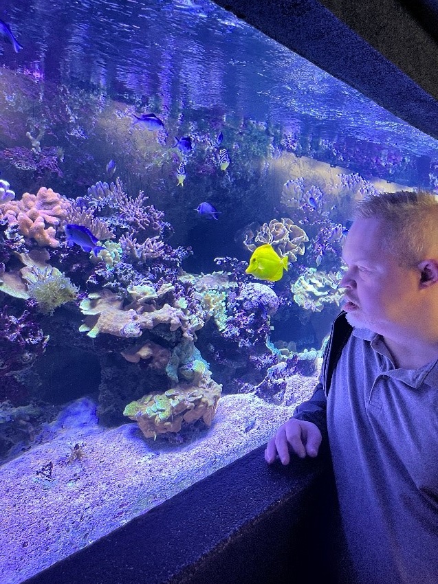 Luke looking at the fish at the aquarium.